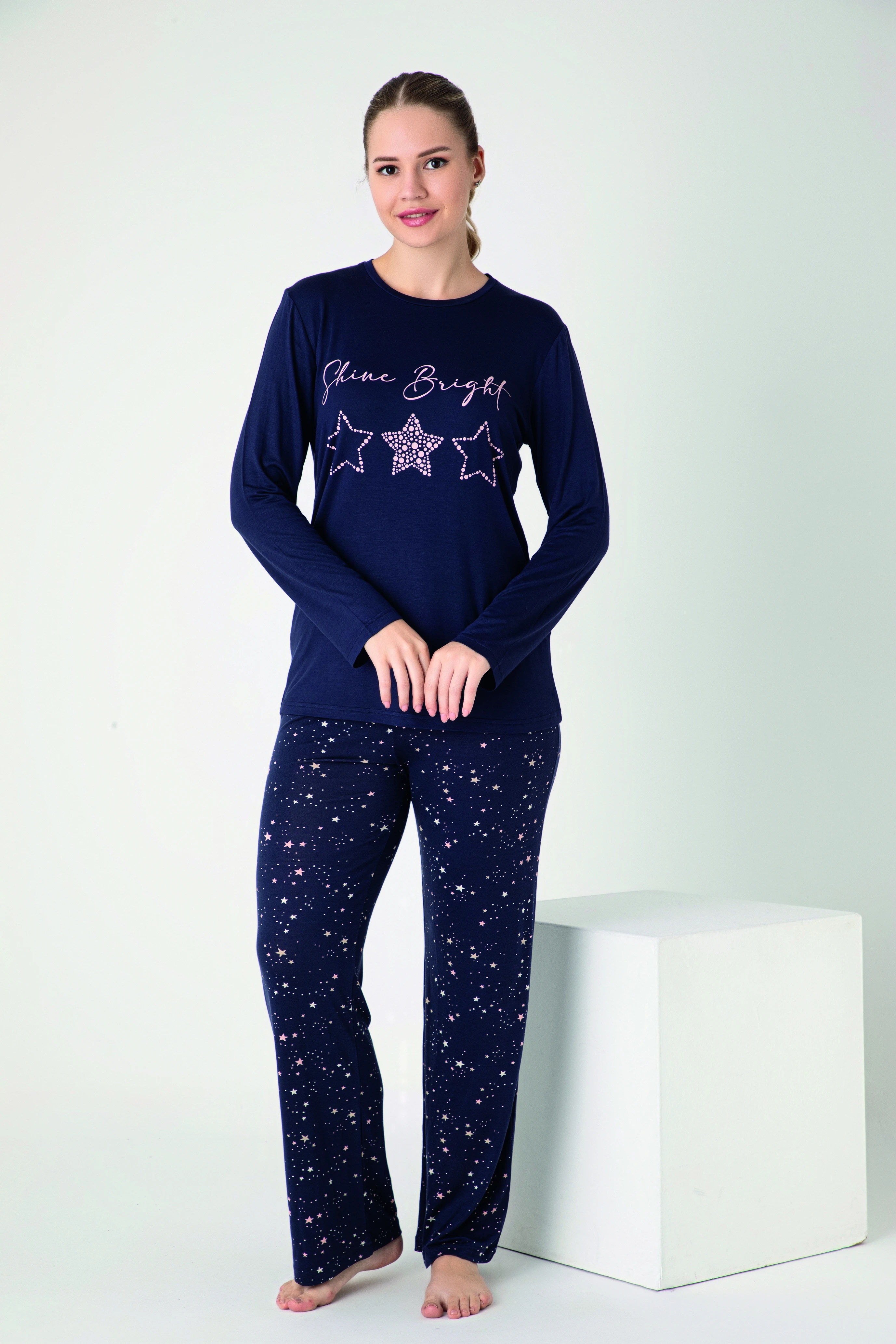 Kadın Viskon Bisiklet Yaka Önü Baskılı Uzunkol Pijama Takım C840-900