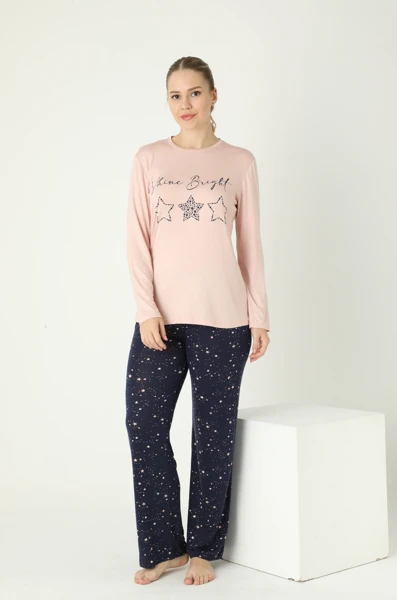 Kadın Viskon Bisiklet Yaka Önü Baskılı Uzunkol Pijama Takım C840-900