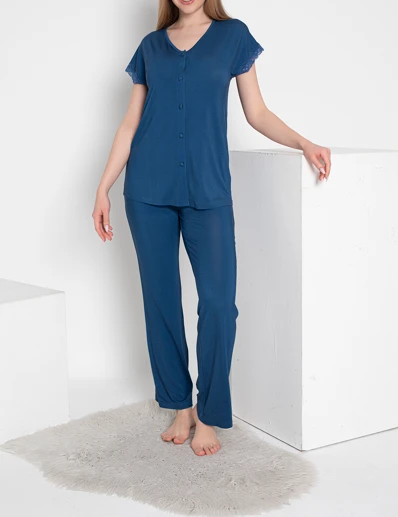 Kadın Önü Düğmeli Dantelli Pijama Takımı C840-787