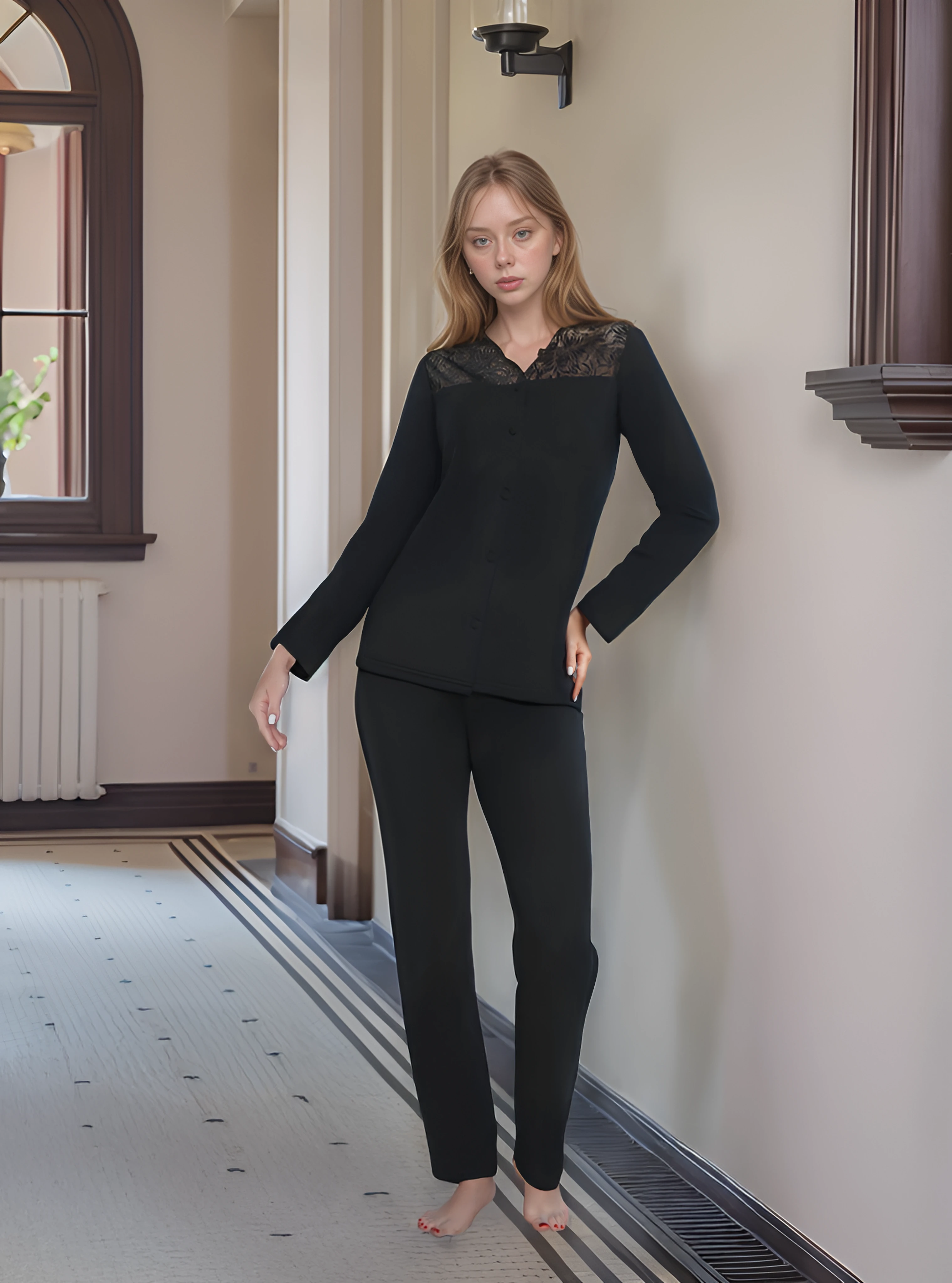 Kadın Uzunkol Dantelli Önü Düğmeli Pijama Takımı C840-243