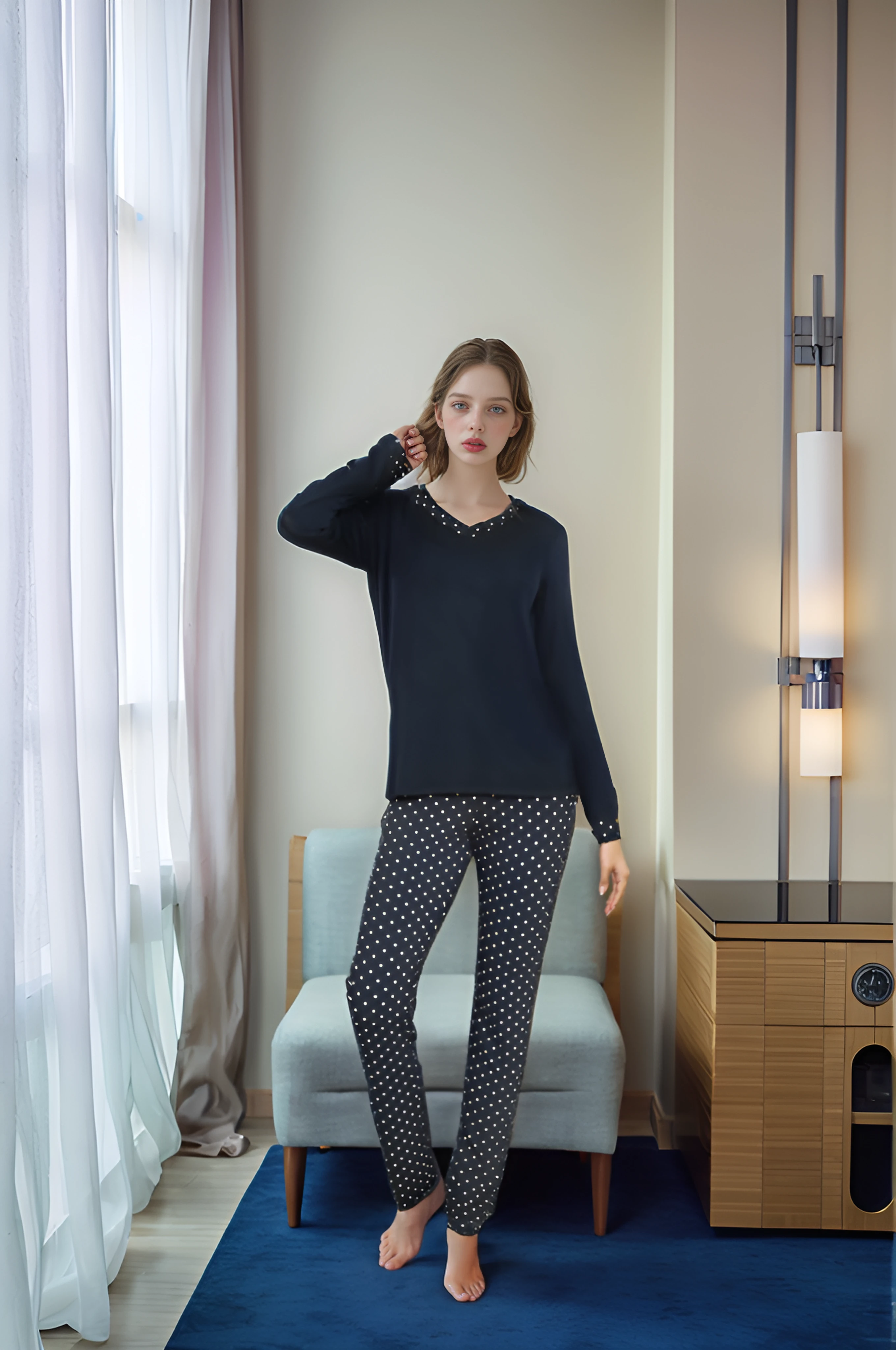 Kadın V Yaka Puantiyeli Uzunkol Pijama Takımı C840-251